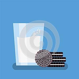 Breakfast illustration, oreo cookies, glass of milk. vector