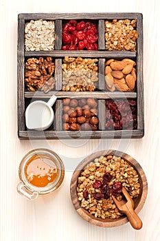Breakfast items - oats, granola muesli, nuts, honey, dried berries and milk. Top view
