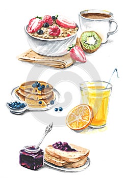 Breakfast: juice, jam, pancakes, coffee, bread, muesli