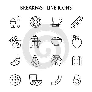 Breakfast line icon set. Vector collection symbol with egg, donut, apple, croissant, avocado, tea cup, toast, coffee