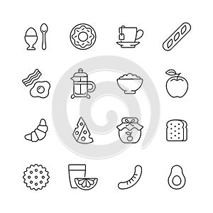 Breakfast line icon set. Vector collection symbol with egg, donut, apple, croissant, avocado