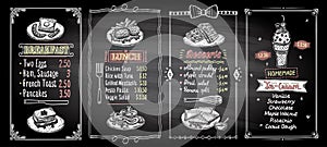 Breakfast, lunch, desserts and ice cream chalkboard menu list designs set, hand drawn graphic illustration