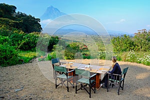 Breakfast at luxury camp overlooking a volcano in the Virunga Na