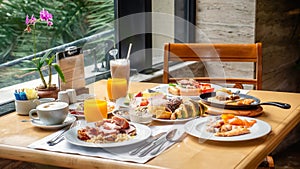 Breakfast in luxury hotel. Table full various food from buffet in modern resort