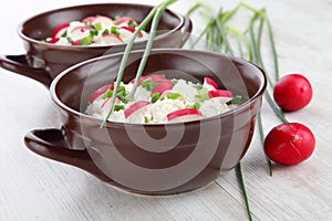 Breakfast made from cottage cheese with chive and radish