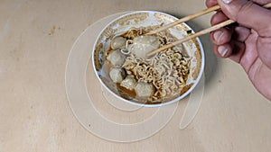 breakfast meatball noodle soup