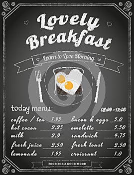 Breakfast menu on the chalkboard