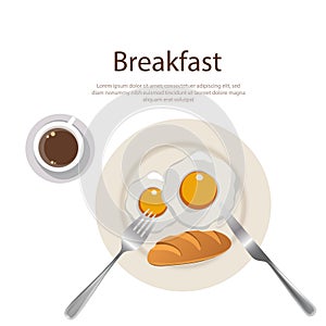 Breakfast menu egg yolk with bread and cofee on plate