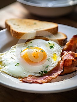 Breakfast menu, eggs, bacon and toast on a white plate ready to eat in the morning