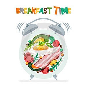 Breakfast menu vector design. Fried eggs, bacon, avocado, tomato on plate with alarm clock. Breakfast time concept.