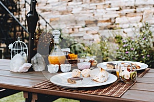 Breakfast at the mountain with fruits and field