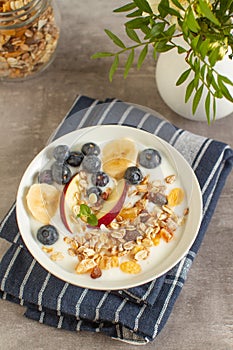 Breakfast with muesli,yogurt, bananas and blueberries
