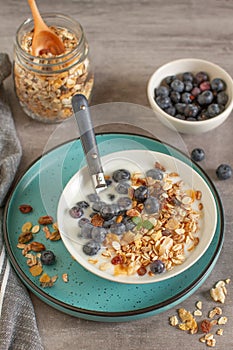 Breakfast with muesli, yogurt, and blueberries