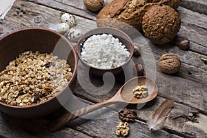 Breakfast, oatmeal, eggs, wooden background