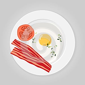 Breakfast. One fried egg, pieces of bacon and tomato on round white plate. Overhead view of isolated food. Vector