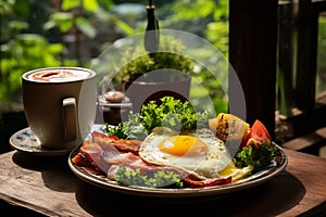 Breakfast with pan fried egg, sausage, bacon, salad serve with bread, hot coffee and soup. Generative AI