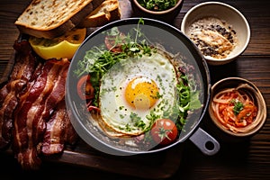 Breakfast with pan fried egg, sausage, bacon, salad serve with bread, hot coffee and soup. Generative AI