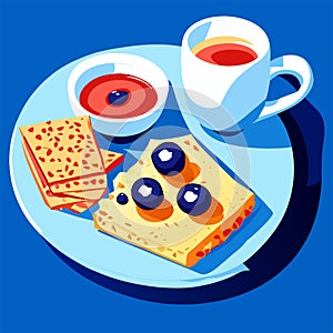 Breakfast with pancakes, blueberries and a cup of tea. Vector illustration generative AI