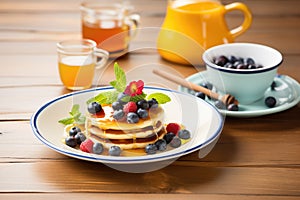 breakfast pancakes with maple syrup and fresh berries on ceramic plate