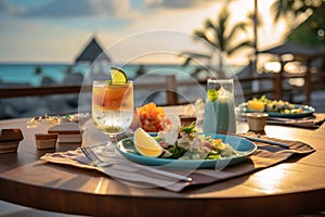 Breakfast in paradise luxury food on a wooden table, tropical backdrop