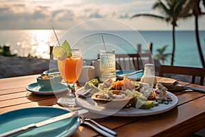 Breakfast in paradise luxury food on a wooden table, tropical backdrop