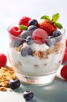 Breakfast parfait made from Greek yogurt and granola topped with fresh berries Generative AI