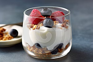 Breakfast parfait made from Greek yogurt and granola topped with fresh berries Generative AI