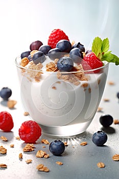 Breakfast parfait made from Greek yogurt and granola topped with fresh berries Generative AI