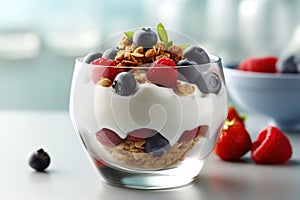 Breakfast parfait made from Greek yogurt and granola topped with fresh berries Generative AI