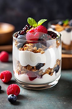 Breakfast parfait made from Greek yogurt and granola topped with fresh berries Generative AI