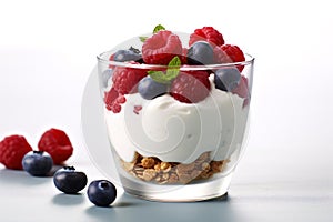 Breakfast parfait made from Greek yogurt and granola topped with fresh berries Generative AI