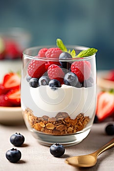 Breakfast parfait made from Greek yogurt and granola topped with fresh berries Generative AI