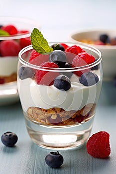 Breakfast parfait made from Greek yogurt and granola topped with fresh berries Generative AI