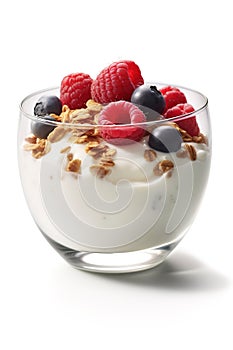 Breakfast parfait made from Greek yogurt and granola topped with fresh berries Generative AI