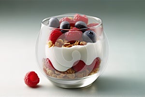 Breakfast parfait made from Greek yogurt and granola topped with fresh berries Generative AI