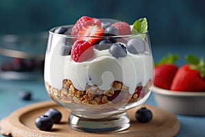 Breakfast parfait made from Greek yogurt and granola topped with fresh berries Generative AI