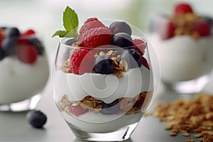 Breakfast parfait made from Greek yogurt and granola topped with fresh berries Generative AI