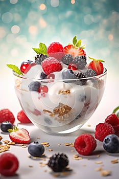 Breakfast parfait made from Greek yogurt and granola topped with fresh berries Generative AI