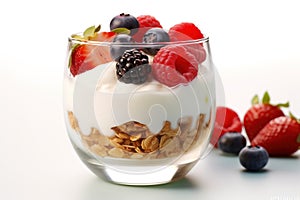 Breakfast parfait made from Greek yogurt and granola topped with fresh berries Generative AI