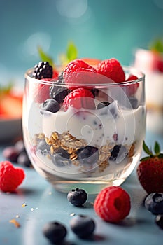 Breakfast parfait made from Greek yogurt and granola topped with fresh berries Generative AI