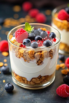 Breakfast parfait made from Greek yogurt and granola topped with fresh berries Generative AI