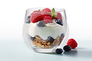 Breakfast parfait made from Greek yogurt and granola topped with fresh berries Generative AI