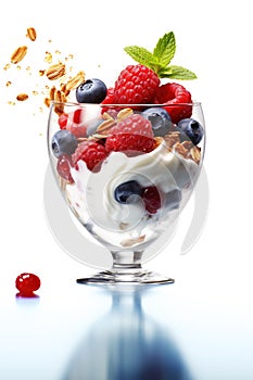 Breakfast parfait made from Greek yogurt and granola topped with fresh berries Generative AI