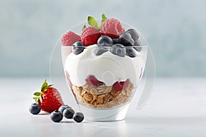 Breakfast parfait made from Greek yogurt and granola topped with fresh berries Generative AI