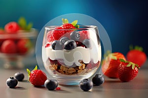 Breakfast parfait made from Greek yogurt and granola topped with fresh berries Generative AI