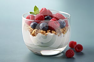 Breakfast parfait made from Greek yogurt and granola topped with fresh berries Generative AI