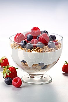 Breakfast parfait made from Greek yogurt and granola topped with fresh berries Generative AI