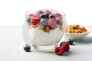 Breakfast parfait made from Greek yogurt and granola topped with fresh berries Generative AI