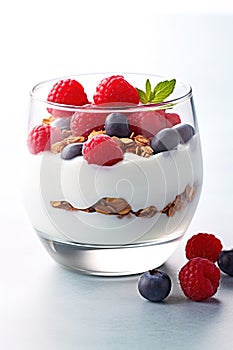 Breakfast parfait made from Greek yogurt and granola topped with fresh berries Generative AI