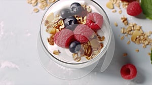 Breakfast parfait made from Greek yogurt and granola topped with fresh berries, top view Generative AI